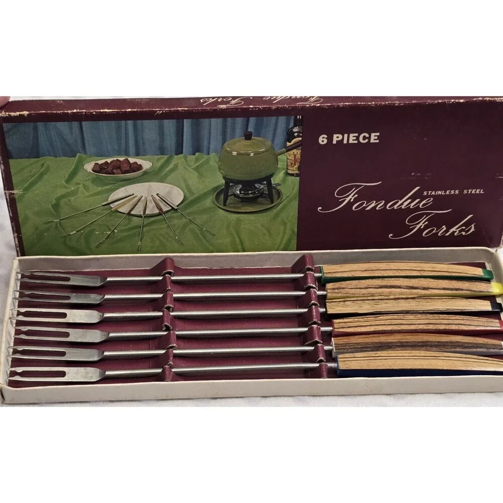 Vintage Fondue Forks 6 Piece Stainless Steel MCM Original Box Wood Grain Handles